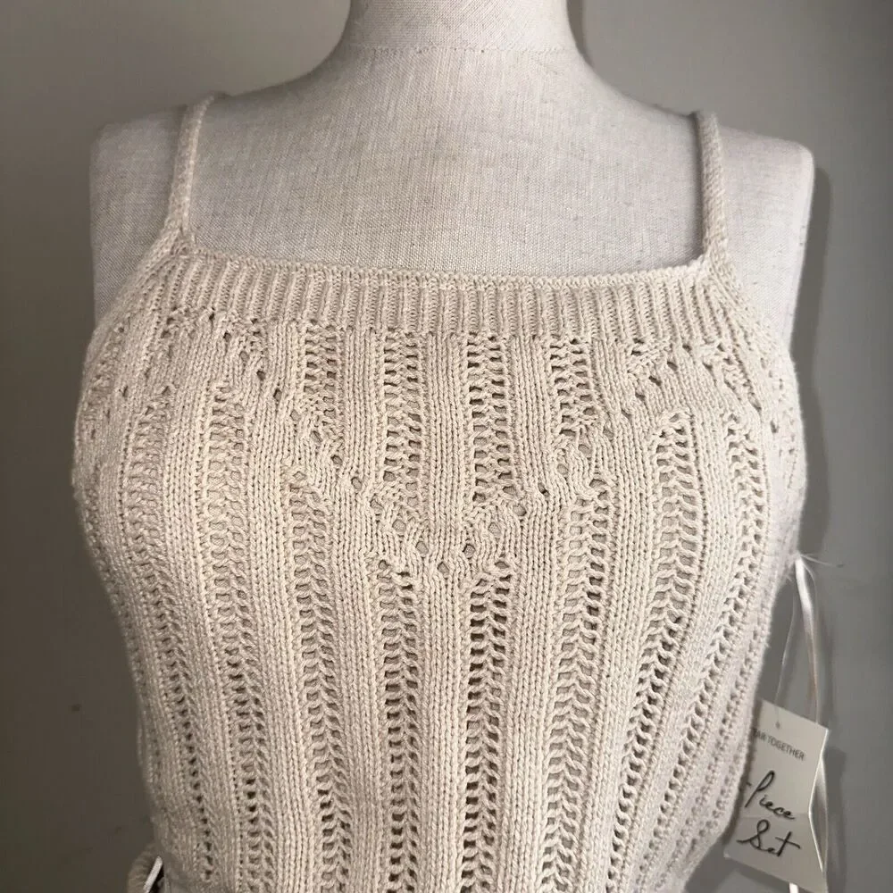 Sleeveless Crochet Knit Two-Piece Skirt Set in Cream